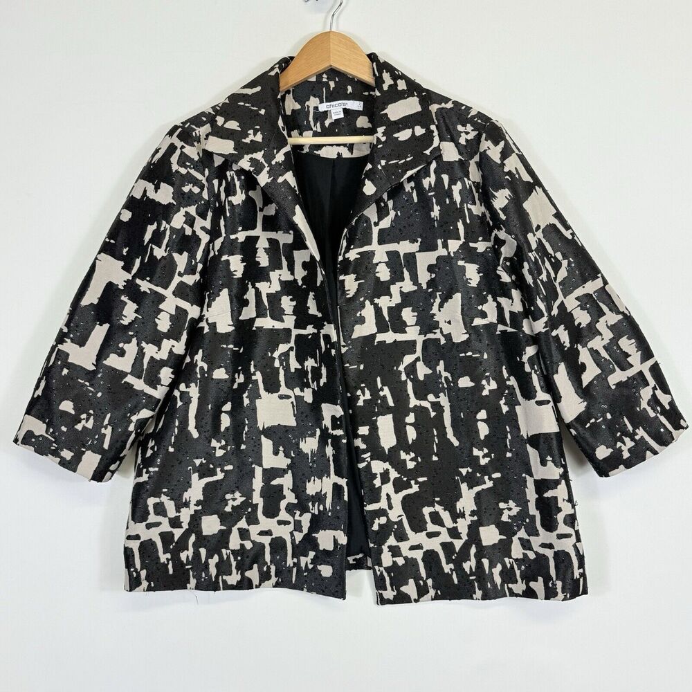 Chico's Blazer Women's 2 Large Black Beige Abstract Sequin Jacket Mod Lagenlook